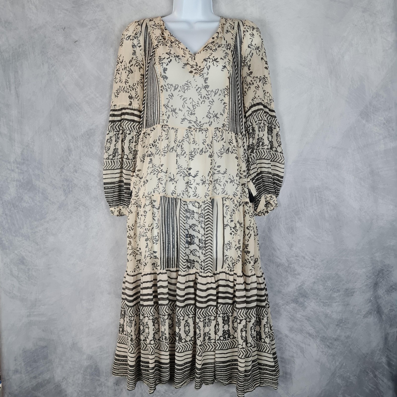 Anthropologie Dress Womens Small Cream Sheer Floral Boho Midi Tassel Tiered